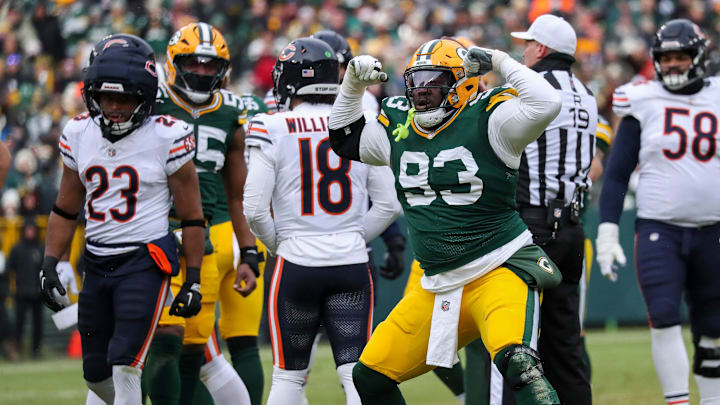 Green Bay Packers defensive tackle T.J. Slaton (93) flexes after making a tackle for loss against the Chicago Bears on Sunday, January 5, 2025, at Lambeau Field in Green Bay, Wis. 

Tork Mason/USA TODAY NETWORK-Wisconsin