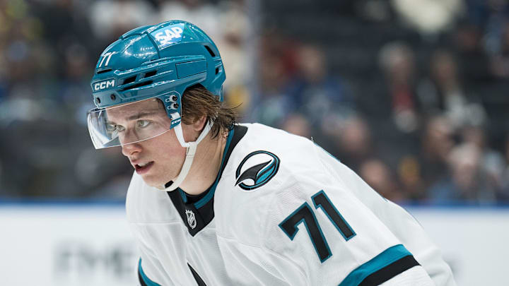Dec 27, 2025; Vancouver, British Columbia, CAN; San Jose Sharks forward Macklin Celebrini (71) during a stop in play against the Vancouver Canucks in the third period at Rogers Arena. Mandatory Credit: Bob Frid-Imagn Images