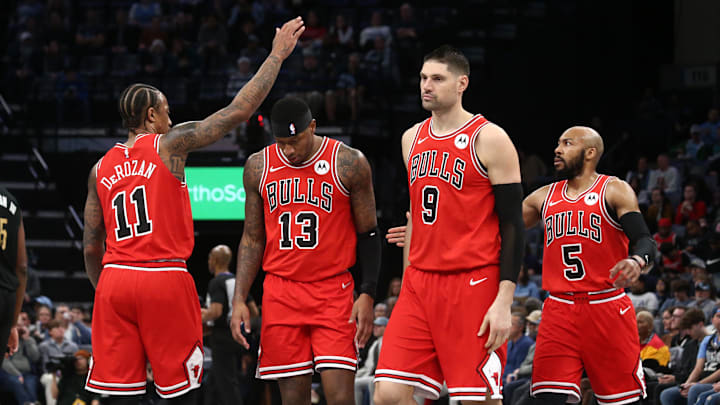 Feb 8, 2024; Memphis, Tennessee, USA; Chicago Bulls forward DeMar DeRozan (11) reacts with forward Torrey Craig (13), center Nikola Vucevic (9) and guard Jevon Carter (5) during a time out during the first half against the Memphis Grizzlies at FedExForum. Mandatory Credit: Petre Thomas-Imagn Images Feb 8, 2024; Memphis, Tennessee, USA; Chicago Bulls forward DeMar DeRozan (11) reacts with forward Torrey Craig (13), center Nikola Vucevic (9) and guard Jevon Carter (5) during a time out during the first half against the Memphis Grizzlies at FedExForum. Mandatory Credit: Petre Thomas-Imagn Images