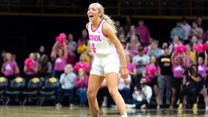 Iowa guard Kylie Feuerbach (4) reacts during a basketball game against the Washington Huskies Feb. 11, 2026 at Carver-Hawkeye Arena in Iowa City, Iowa.