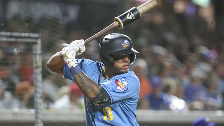 Amarillo Sod Poodles Deyvison De Los Santos (13) watches a pitch from the batter s circle in a Texas League Championship game against the Arkansas Travelers, Wednesday night, September 27, 2023, at Hodgetown, in Amarillo, Texas. The Amarillo Sod Poodles won 9-1.