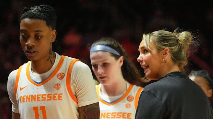 Tennessee basketball coach Kim Caldwell talks to Zee Spearman (11) during an NCAA college basketball game against South Carolina on Monday, Jan. 27, 2025, in Knoxville, Tenn. Tennessee basketball coach Kim Caldwell talks to Zee Spearman (11) during an NCAA college basketball game against South Carolina on Monday, Jan. 27, 2025, in Knoxville, Tenn.