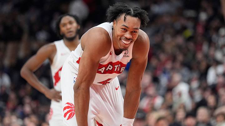 Jan 28, 2026; Toronto, Ontario, CAN; Toronto Raptors guard Scottie Barnes (4) reacts after dunking the ball against the New York Knicks during the second half at Scotiabank Arena. Mandatory Credit: John E. Sokolowski-Imagn Images