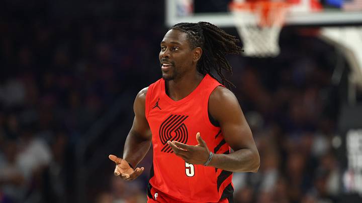 Apr 14, 2026; Phoenix, Arizona, USA; Portland Trail Blazers guard Jrue Holiday (5) reacts against the Phoenix Suns in the first half during the play-in rounds of the 2026 NBA Playoffs at Mortgage Matchup Center. Mandatory Credit: Mark J. Rebilas-Imagn Images Apr 14, 2026; Phoenix, Arizona, USA; Portland Trail Blazers guard Jrue Holiday (5) reacts against the Phoenix Suns in the first half during the play-in rounds of the 2026 NBA Playoffs at Mortgage Matchup Center. Mandatory Credit: Mark J. Rebilas-Imagn Images