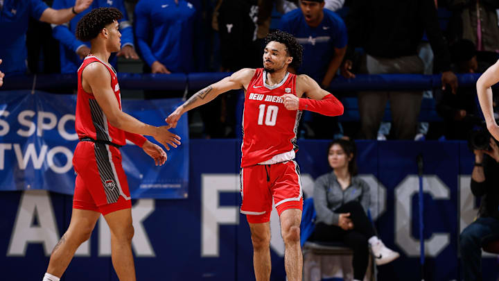 Feb 5, 2022; Colorado Springs, Colorado, USA; New Mexico Lobos guard Jaelen House (10) reacts with