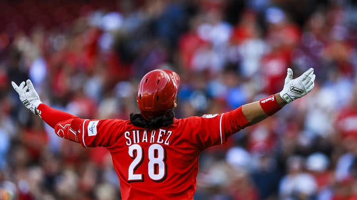 Jun 15, 2026; Cincinnati, Ohio, USA; Cincinnati Reds third baseman Eugenio Suarez (28) reacts after hitting a two-run home run in the first inning against the New York Mets at Great American Ball Park. Mandatory Credit: Katie Stratman-Imagn Images