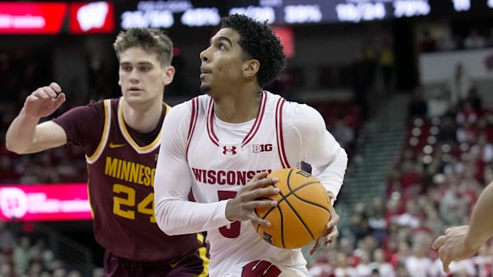 Wisconsin guard Daniel Freitag (5) drives to the basket during the second half of their game Friday, January 10, 2025 at the Kohl Center in Madison, Wisconsin. Wisconsin beat Minnesota 80-59.