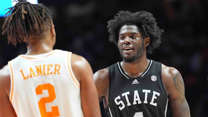 Tennessee's Chaz Lanier (2) chats with Mississippi State's Cameron Matthews (4) in the final seconds of a men’s college basketball game between Tennessee and Mississippi State at Thompson-Boling Arena at Food City Center, Tuesday, Jan. 21, 2025.