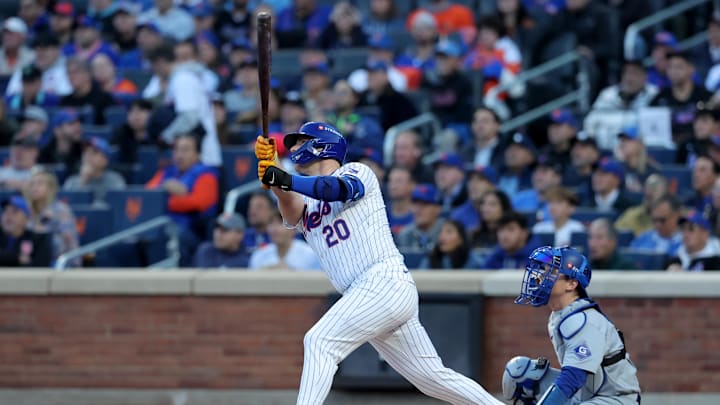 New York Mets first baseman Pete Alonso (20) follows through on a three run home run against the Los Angeles Dodgers during the first inning of game five of the NLCS during the 2024 MLB playoffs at Citi Field. New York Mets first baseman Pete Alonso (20) follows through on a three run home run against the Los Angeles Dodgers during the first inning of game five of the NLCS during the 2024 MLB playoffs at Citi Field.