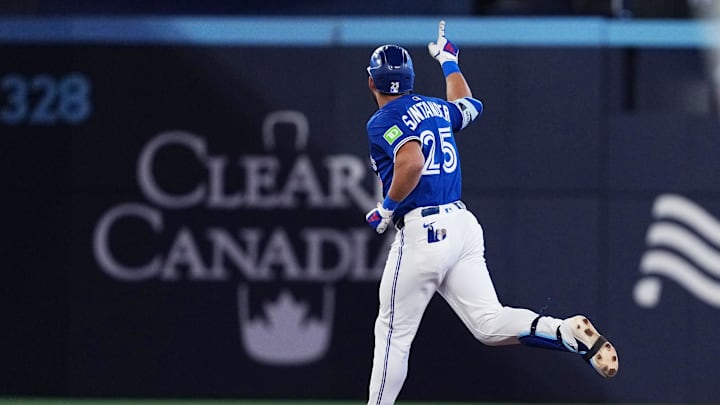Toronto Blue Jays designated hitter Anthony Santander (25) runs the bases and celebrates hitting a two-run home run against the San Diego Padres during the fifth inning at Rogers Centre on May 20. Toronto Blue Jays designated hitter Anthony Santander (25) runs the bases and celebrates hitting a two-run home run against the San Diego Padres during the fifth inning at Rogers Centre on May 20.