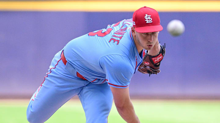 Jun 14, 2025; Milwaukee, Wisconsin, USA;  St. Louis Cardinals starting pitcher Andre Pallante (53) throws a pitch in the first inning against the Milwaukee Brewers at American Family Field. Mandatory Credit: Benny Sieu-Imagn Images