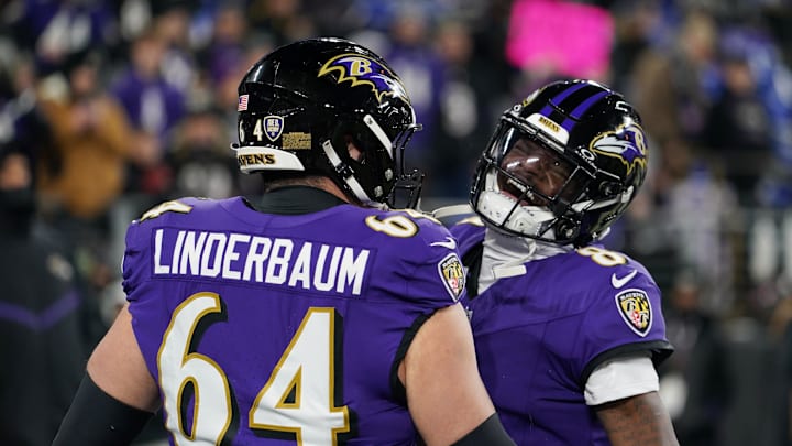 Jan 11, 2025; Baltimore, Maryland, USA; Baltimore Ravens quarterback Lamar Jackson (8) and center Tyler Linderbaum (64) warm up before an AFC wild card game against the Pittsburgh Steelers at M&T Bank Stadium. Mandatory Credit: Mitch Stringer-Imagn Images Jan 11, 2025; Baltimore, Maryland, USA; Baltimore Ravens quarterback Lamar Jackson (8) and center Tyler Linderbaum (64) warm up before an AFC wild card game against the Pittsburgh Steelers at M&T Bank Stadium. Mandatory Credit: Mitch Stringer-Imagn Images