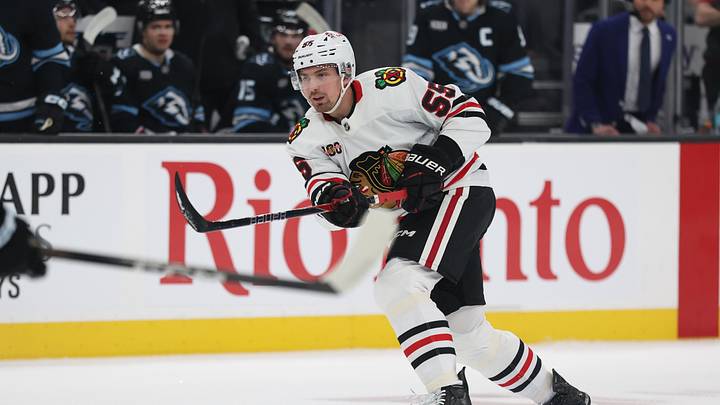 Mar 12, 2026; Salt Lake City, Utah, USA; Chicago Blackhawks defenseman Artyom Levshunov (55) takes a shot against the Utah Mammoth during the first period at Delta Center. Mandatory Credit: Rob Gray-Imagn Images
