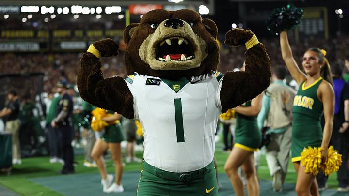 Oct 3, 2026; Tempe, Arizona, USA; Baylor Bears mascot cheers against the Arizona State Sun Devils during the first quarter at Mountain America Stadium. Mandatory Credit: Anna Carrington-Imagn Images Oct 3, 2026; Tempe, Arizona, USA; Baylor Bears mascot cheers against the Arizona State Sun Devils during the first quarter at Mountain America Stadium. Mandatory Credit: Anna Carrington-Imagn Images