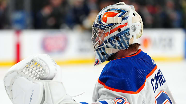 May 3, 2023; Las Vegas, Nevada, USA; Edmonton Oilers goaltender Jack Campbell (36) warms up before