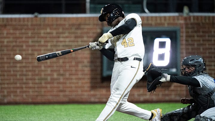 Vanderbilt Commodores left fielder RJ Austin (42) smokes a line drive that was snagged by a leaping Air Force Falcons shortstop at Hawkins Field in Nashville, Tenn., Monday, Feb. 17, 2025. The Commodores beat the Falcons 3-1.