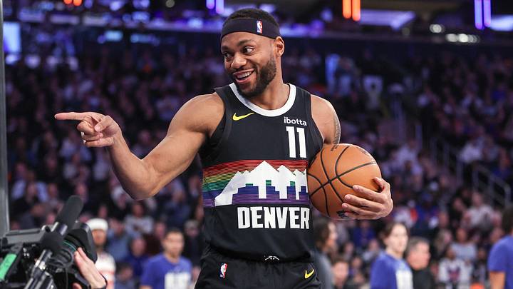 Feb 4, 2026; New York, New York, USA; Denver Nuggets guard Bruce Brown (11) points to a fan after making a jump shot at the buzzer to end the first quarter against the New York Knicks at Madison Square Garden. Mandatory Credit: Wendell Cruz-Imagn Images Feb 4, 2026; New York, New York, USA; Denver Nuggets guard Bruce Brown (11) points to a fan after making a jump shot at the buzzer to end the first quarter against the New York Knicks at Madison Square Garden. Mandatory Credit: Wendell Cruz-Imagn Images