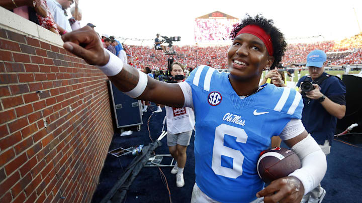 Sep 27, 2025; Oxford, Mississippi, USA; Mississippi Rebels quarterback Trinidad Chambliss (6) reacts after defeating the LSU Tigers at Vaught-Hemingway Stadium. Mandatory Credit: Petre Thomas-Imagn Images
