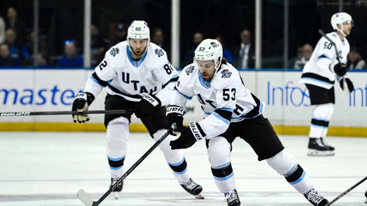 Oct 12, 2024; New York, New York, USA; Utah Hockey Club left wing Michael Carcone (53) skates with the puck against the New York Rangers during the third period at Madison Square Garden. Mandatory Credit: John Jones-Imagn Images