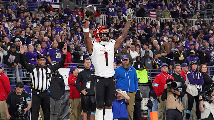 Nov 7, 2024; Baltimore, Maryland, USA; Cincinnati Bengals wide receiver Ja’Marr Chase (1) reacts following his fourth quarter touchdown catch against the Baltimore Ravens at M&T Bank Stadium. Mandatory Credit: Mitch Stringer-Imagn Images