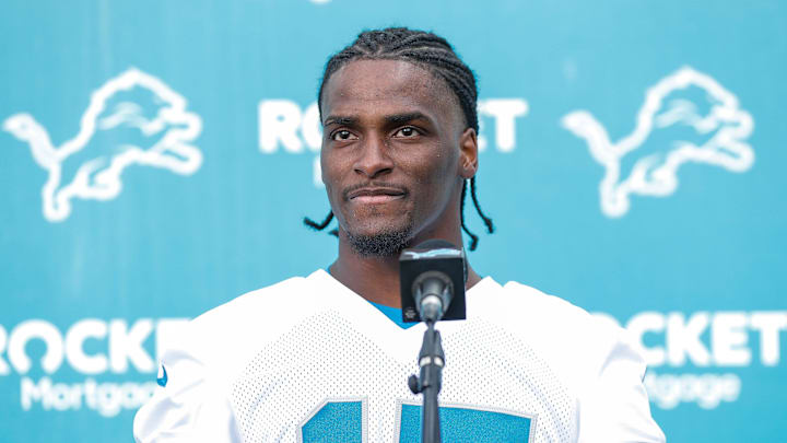 Detroit Lions cornerback Ennis Rakestraw Jr. (15) answers a question during rookie minicamp. Detroit Lions cornerback Ennis Rakestraw Jr. (15) answers a question during rookie minicamp.