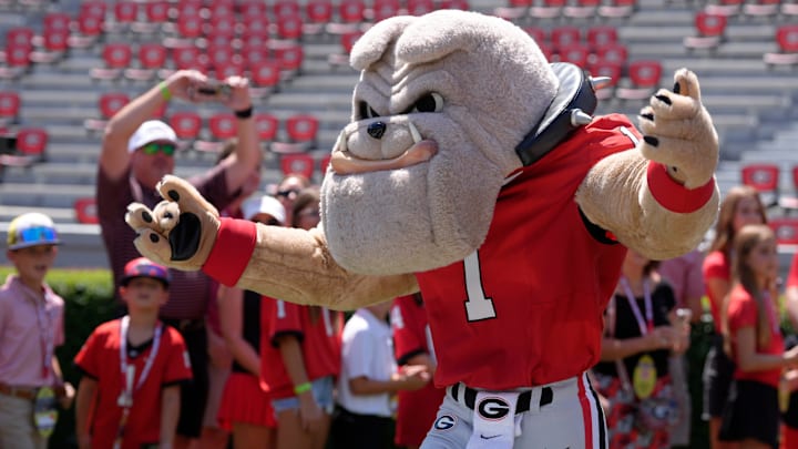 Georgia mascot Hairy Dawg enters Sanford Stadium at the dawg walk before the start of a NCAA college football game against Marshall in Athens, Ga., on Saturday, August. 30, 2025.
