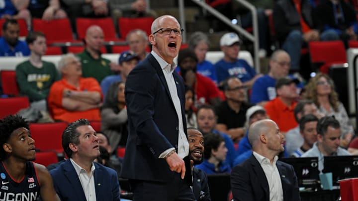 Mar 23, 2025; Raleigh, NC, USA; Connecticut Huskies head coach Dan Hurley reacts during the first half against the Florida Gators in the second round of the NCAA Tournament at Lenovo Center. Mandatory Credit: Zachary Taft-Imagn Images Mar 23, 2025; Raleigh, NC, USA; Connecticut Huskies head coach Dan Hurley reacts during the first half against the Florida Gators in the second round of the NCAA Tournament at Lenovo Center. Mandatory Credit: Zachary Taft-Imagn Images