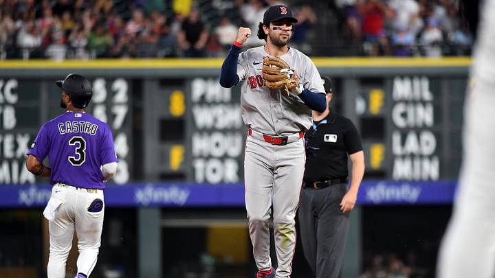 Jun 22, 2026; Denver, Colorado, USA; Boston Red Sox infielder Marcelo Mayer (11) celebrates after tagging Colorado Rockies outfielder Willi Castro (3) out at second in the eighth inning at Coors Field. Mandatory Credit: Christopher Hanewinckel-Imagn Images