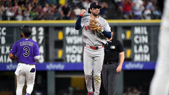 Jun 22, 2026; Denver, Colorado, USA; Boston Red Sox infielder Marcelo Mayer (11) celebrates after tagging Colorado Rockies outfielder Willi Castro (3) out at second in the eighth inning at Coors Field. Mandatory Credit: Christopher Hanewinckel-Imagn Images