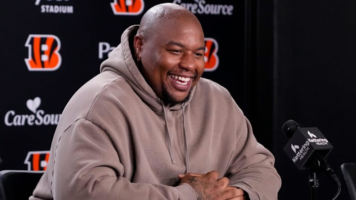 Newly signed Cincinnati Bengals defense tackle Dexter Lawrence speaks in a press conference for the first time since joining the team at Paycor Stadium in Cincinnati on Monday, April 20, 2026.