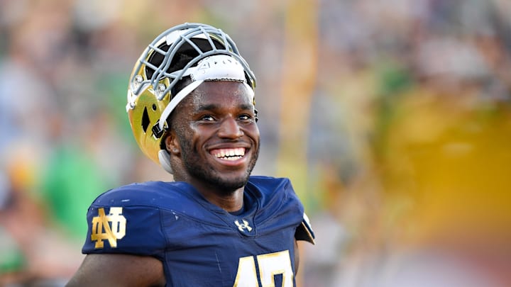 Sep 21, 2024; South Bend, Indiana, USA; Notre Dame Fighting Irish defensive lineman Jason Onye (47) watches in the closing minutes of the game against the Miami Redhawks at Notre Dame Stadium. Mandatory Credit: Matt Cashore-Imagn Images
