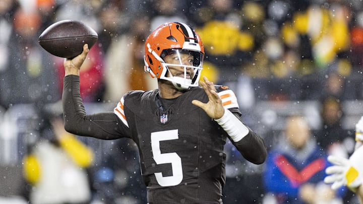 Nov 21, 2024; Cleveland, Ohio, USA; Cleveland Browns quarterback Jameis Winston (5) throws the ball during the second quarter against the Pittsburgh Steelers at Huntington Bank Field Stadium. Mandatory Credit: Scott Galvin-Imagn Images