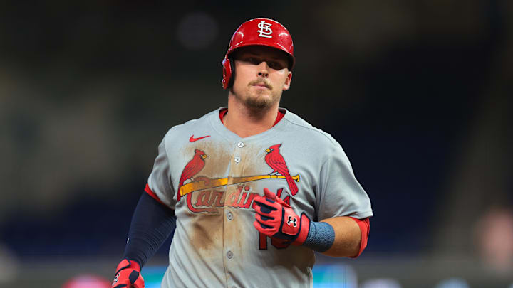 Aug 18, 2025; Miami, Florida, USA; St. Louis Cardinals third baseman Nolan Gorman (16) circles the bases after hitting a two-run home run against the Miami Marlins during the ninth inning at loanDepot Park. Mandatory Credit: Sam Navarro-Imagn Images