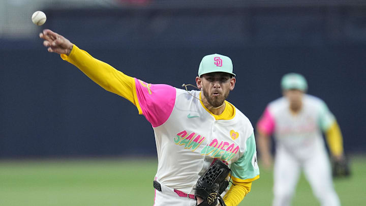 Mar 29, 2024; San Diego, California, USA; San Diego Padres starting pitcher Joe Musgrove (44) throws