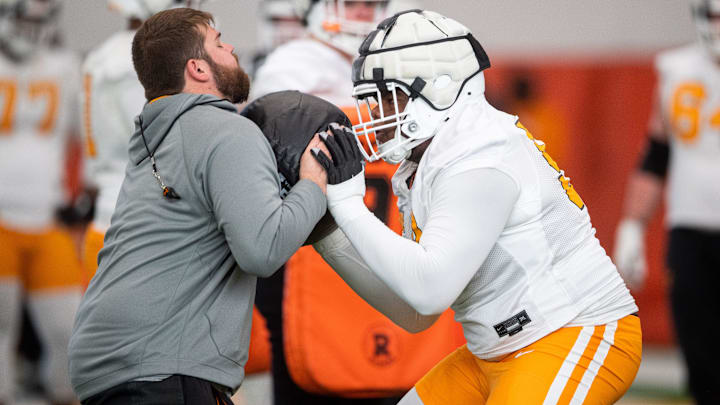 Tennessee offensive lineman Lance Heard (53) during UT spring football practice on Tuesday, March 19, 2024.