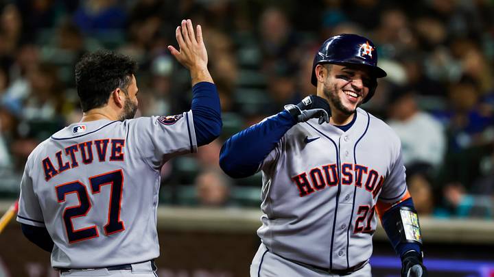 Houston Astros catcher Yainer Diaz (21) high-fives second baseman Jose Altuve (27) after hitting a two-run home run Credit: Joe Nicholson-Imagn Images Houston Astros catcher Yainer Diaz (21) high-fives second baseman Jose Altuve (27) after hitting a two-run home run Credit: Joe Nicholson-Imagn Images