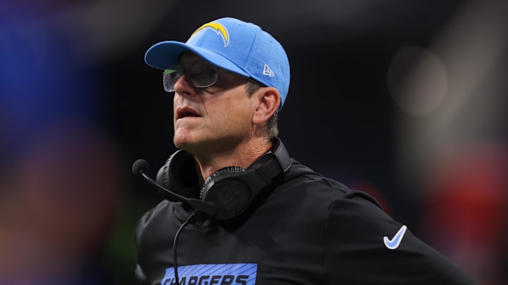 Dec 1, 2024; Atlanta, Georgia, USA; Los Angeles Chargers head coach Jim Harbaugh on the sideline against the Atlanta Falcons in the third quarter at Mercedes-Benz Stadium. Mandatory Credit: Brett Davis-Imagn Images