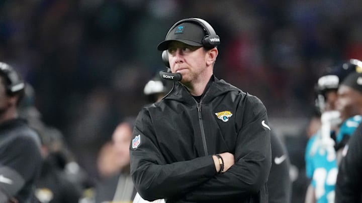 Oct 19, 2025; London, United Kingdom; Jacksonville Jaguars head coach Liam Coen looks on during the second half of an NFL International Series game at Wembley Stadium. Oct 19, 2025; London, United Kingdom; Jacksonville Jaguars head coach Liam Coen looks on during the second half of an NFL International Series game at Wembley Stadium.