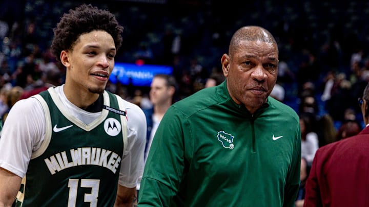 Milwaukee Bucks head coach Doc Rivers and guard Ryan Rollins walk to the locker room after the game against the New Orleans Pelicans at Smoothie King Center on April 6.