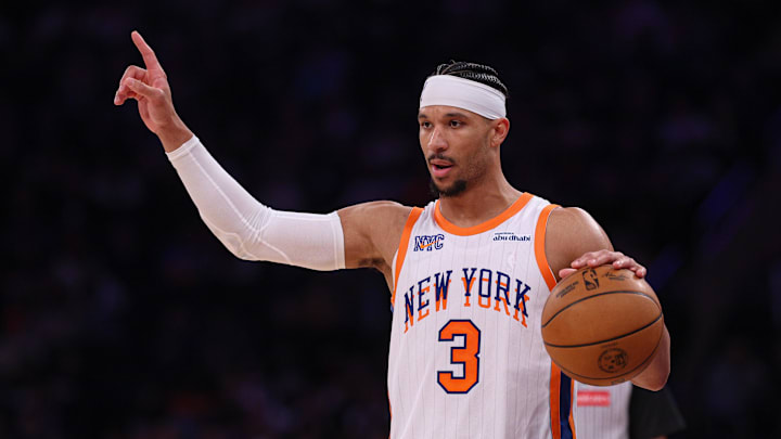 Apr 6, 2025; New York, New York, USA; New York Knicks guard Josh Hart (3) dribbles up court during the second half against the Phoenix Suns at Madison Square Garden. Mandatory Credit: Vincent Carchietta-Imagn Images