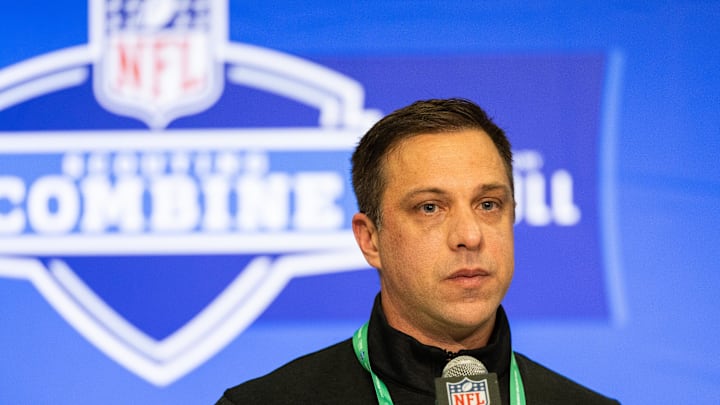 Feb 27, 2024; Indianapolis, IN, USA; Kansas City Chiefs General Manager Brett Veach talks to the media at the 2024 NFL Combine at Indiana Convention Center. Mandatory Credit: Trevor Ruszkowski-Imagn Images