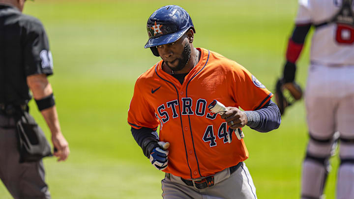 Houston Astros left fielder Yordan Alvarez scores a run.