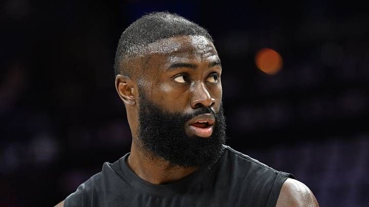 Apr 26, 2026; Philadelphia, Pennsylvania, USA; Boston Celtics guard Jaylen Brown (7) during warmups against the Philadelphia 76ers at Xfinity Mobile Arena. Mandatory Credit: Eric Hartline-Imagn Images