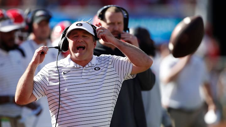 Georgia coach Kirby Smart reacts during the first half of a NCAA college football game between Auburn and Georgia in Athens, Ga., on Saturday, Sept. 8, 2022.

News Joshua L Jones