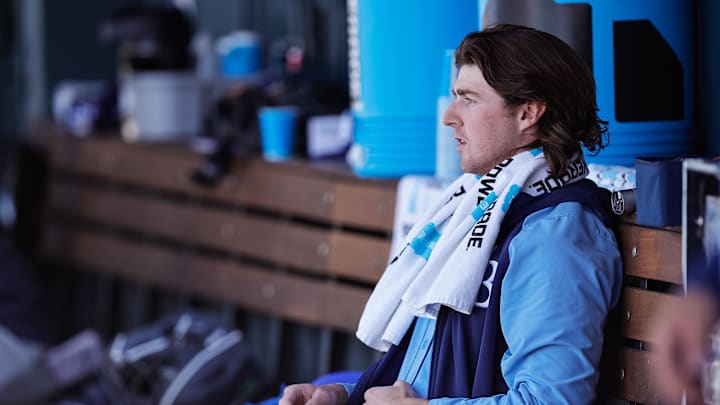 Apr 7, 2024; Denver, Colorado, USA; Tampa Bay Rays starting pitcher Ryan Pepiot (44) in the dugout in the second inning against the Colorado Rockies at Coors Field. Mandatory Credit: Isaiah J. Downing-Imagn Images