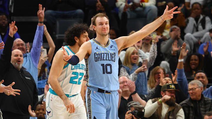 Jan 22, 2025; Memphis, Tennessee, USA; Memphis Grizzlies guard Luke Kennard (10) reacts after a three-point basket during the second quarter against the Charlotte Hornets at FedExForum. Mandatory Credit: Petre Thomas-Imagn Images
