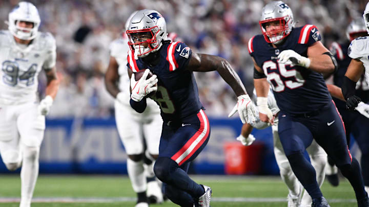 Oct 5, 2025; Orchard Park, New York, USA; New England Patriots wide receiver Stefon Diggs (8) makes a catch against the Buffalo Bills during the second half at Highmark Stadium. Mandatory Credit: Mark Konezny-Imagn Images