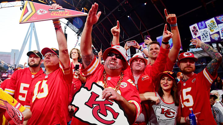 Apr 28, 2022; Las Vegas, NV, USA; Kansas City Chiefs fans cheer during the first round of the 2022 NFL Draft at the NFL Draft Theater. Mandatory Credit: Gary Vasquez-Imagn Images