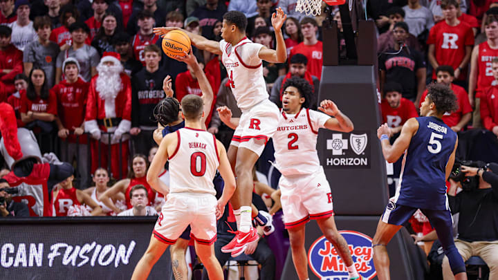 Dec 10, 2024; Piscataway, New Jersey, USA; Rutgers Scarlet Knights guard Ace Bailey (4) blocks a shot by Penn State Nittany Lions guard Freddie Dilione V (4) during the second half at Jersey Mike's Arena. Mandatory Credit: Vincent Carchietta-Imagn Images Dec 10, 2024; Piscataway, New Jersey, USA; Rutgers Scarlet Knights guard Ace Bailey (4) blocks a shot by Penn State Nittany Lions guard Freddie Dilione V (4) during the second half at Jersey Mike's Arena. Mandatory Credit: Vincent Carchietta-Imagn Images