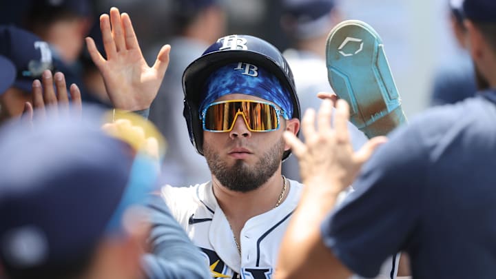 Tampa Bay Rays first baseman Jonathan Aranda (62) celebrates after scoring a run Friday in a 4-3 win over the Miami Marlins. Tampa Bay Rays first baseman Jonathan Aranda (62) celebrates after scoring a run Friday in a 4-3 win over the Miami Marlins.